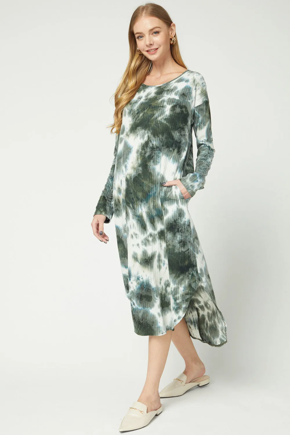 Tie Dye Ribbed Pocket Midi Dress, Olive