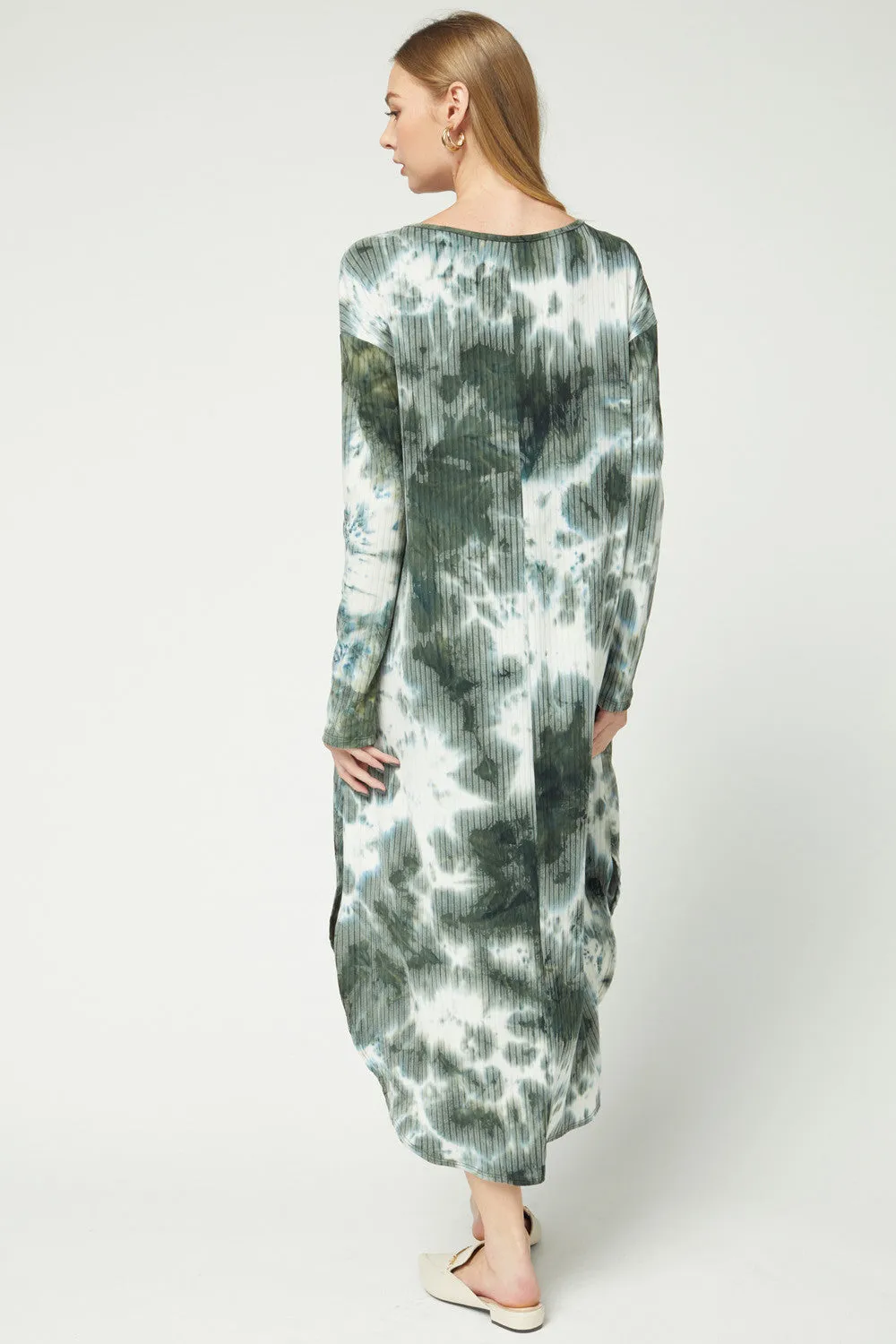 Tie Dye Ribbed Pocket Midi Dress, Olive