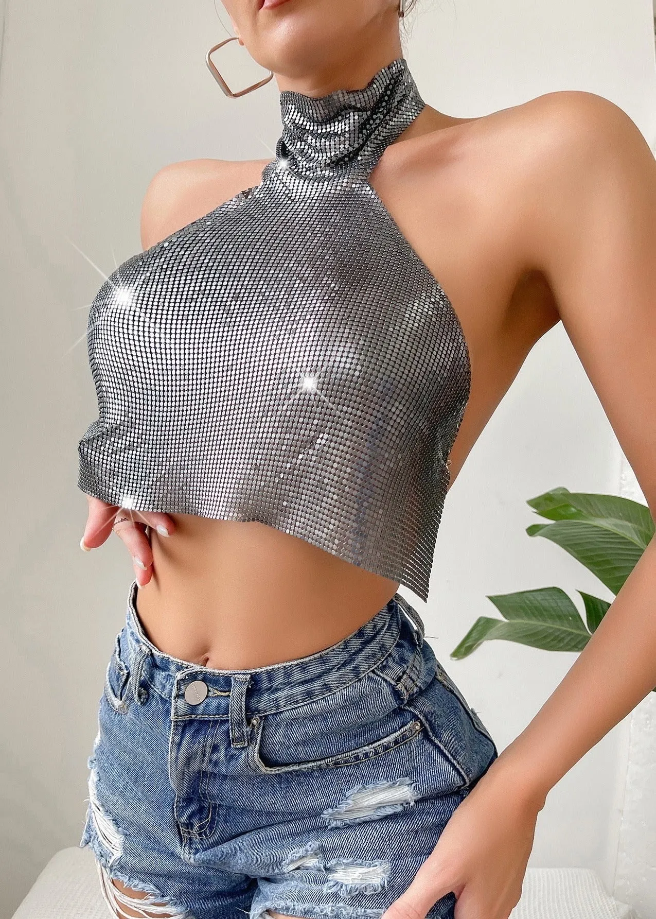 Turtleneck Backless Metallic Crop Top