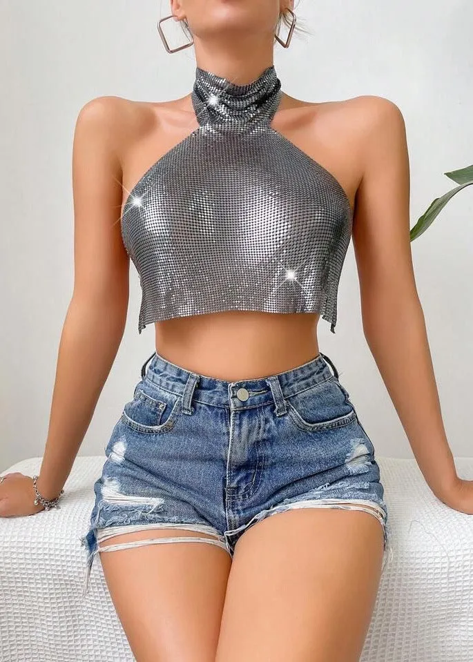 Turtleneck Backless Metallic Crop Top