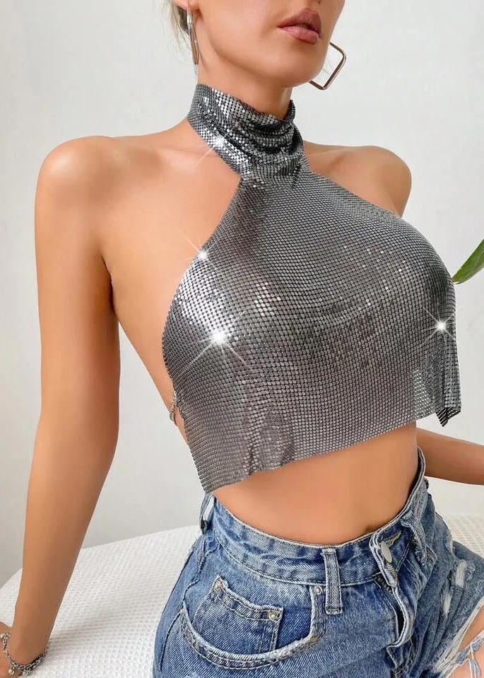 Turtleneck Backless Metallic Crop Top