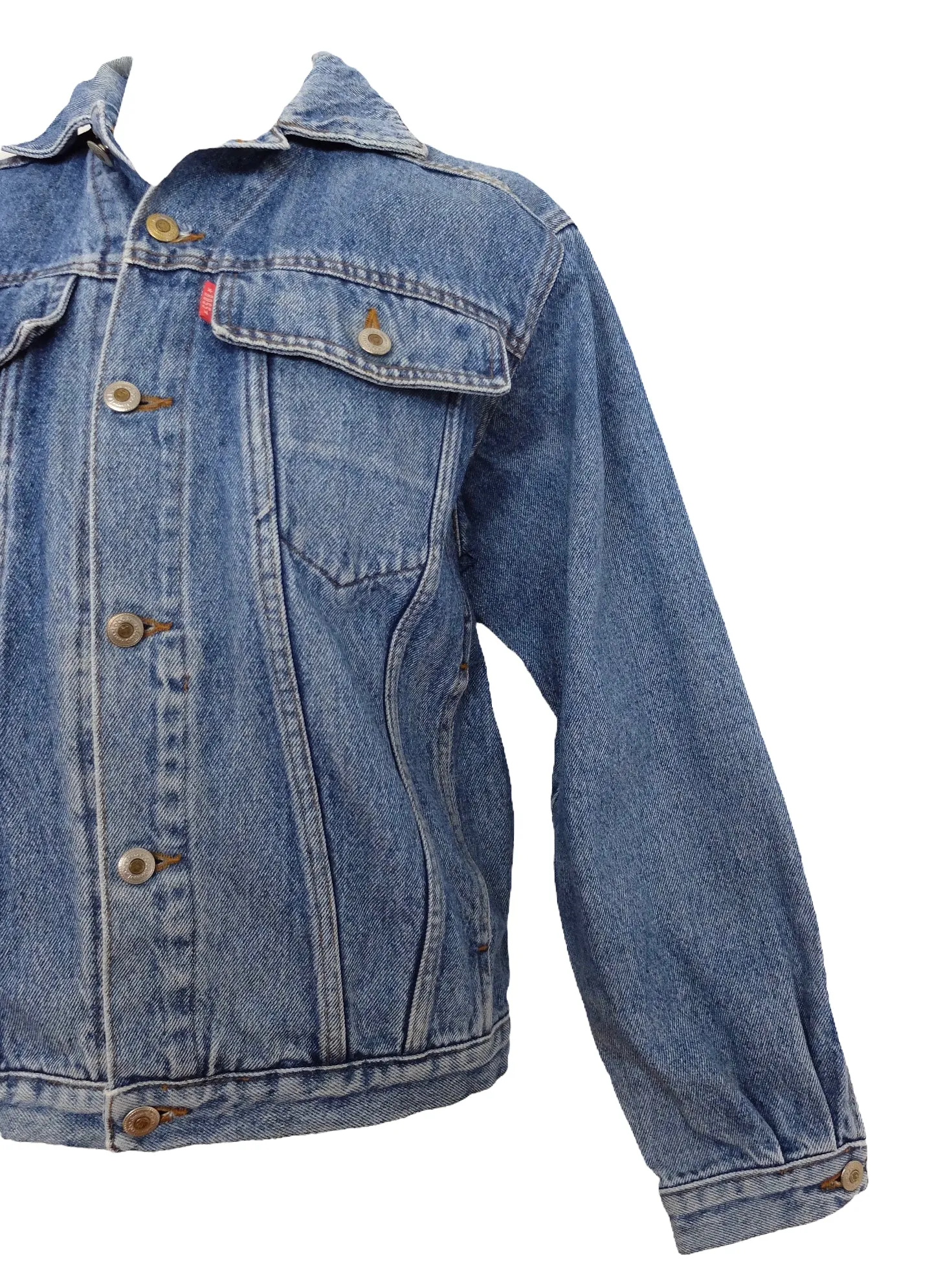 Vintage 80s Bohemian Utility Medium Wash Blue Denim Button Down Collared Jean Jacket | Men’s Size M, Women’s Size L