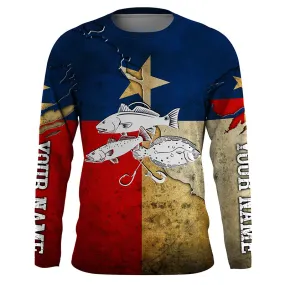 Vintage Texas Flag Inshore Grand Slam Redfish, Trout, Flounder Custom Name 3D Long Sleeve Fishing Shirts