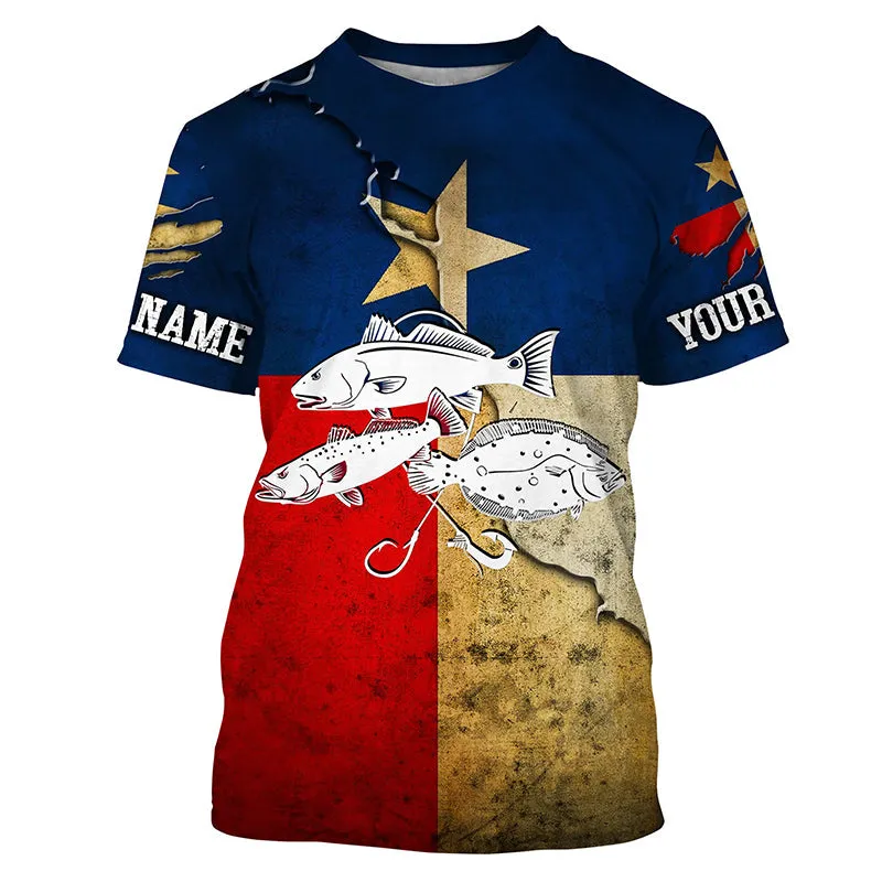 Vintage Texas Flag Inshore Grand Slam Redfish, Trout, Flounder Custom Name 3D Long Sleeve Fishing Shirts