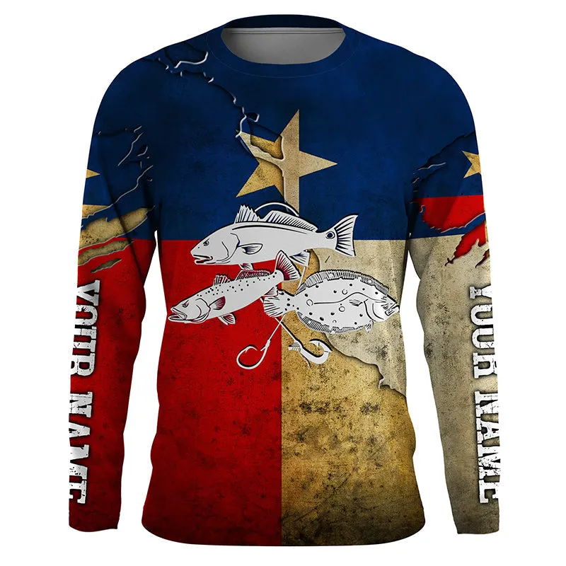 Vintage Texas Flag Inshore Grand Slam Redfish, Trout, Flounder Custom Name 3D Long Sleeve Fishing Shirts