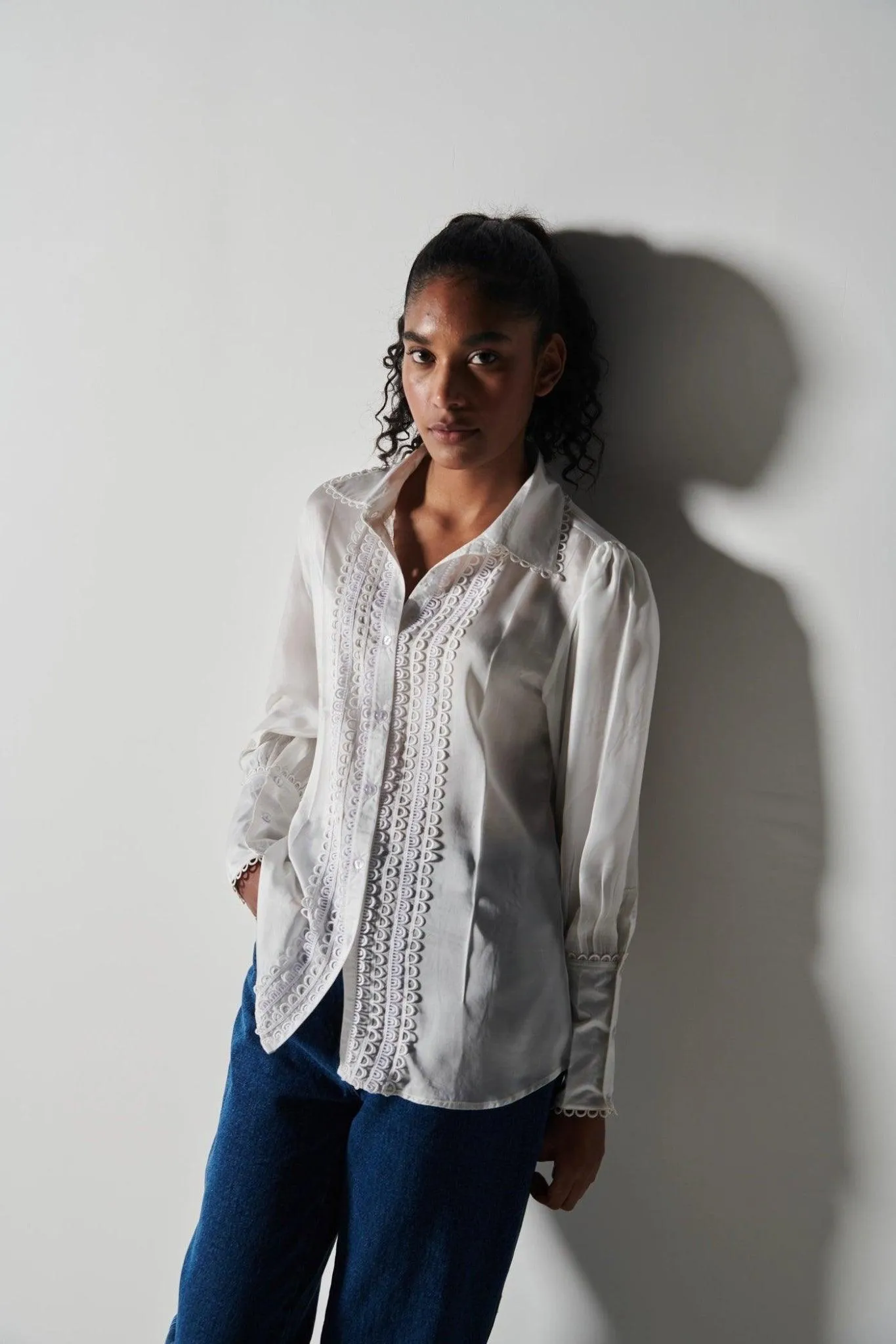 White Laced Satin Shirt