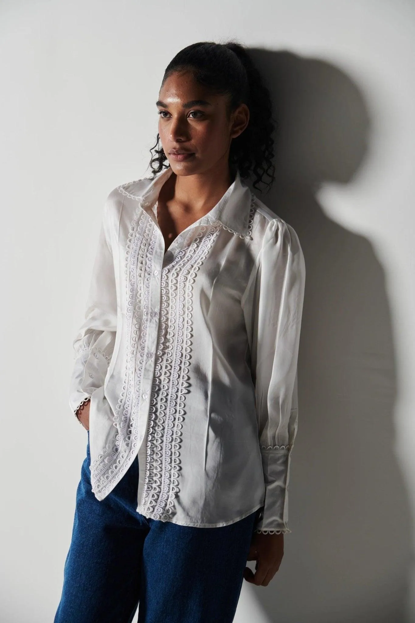 White Laced Satin Shirt