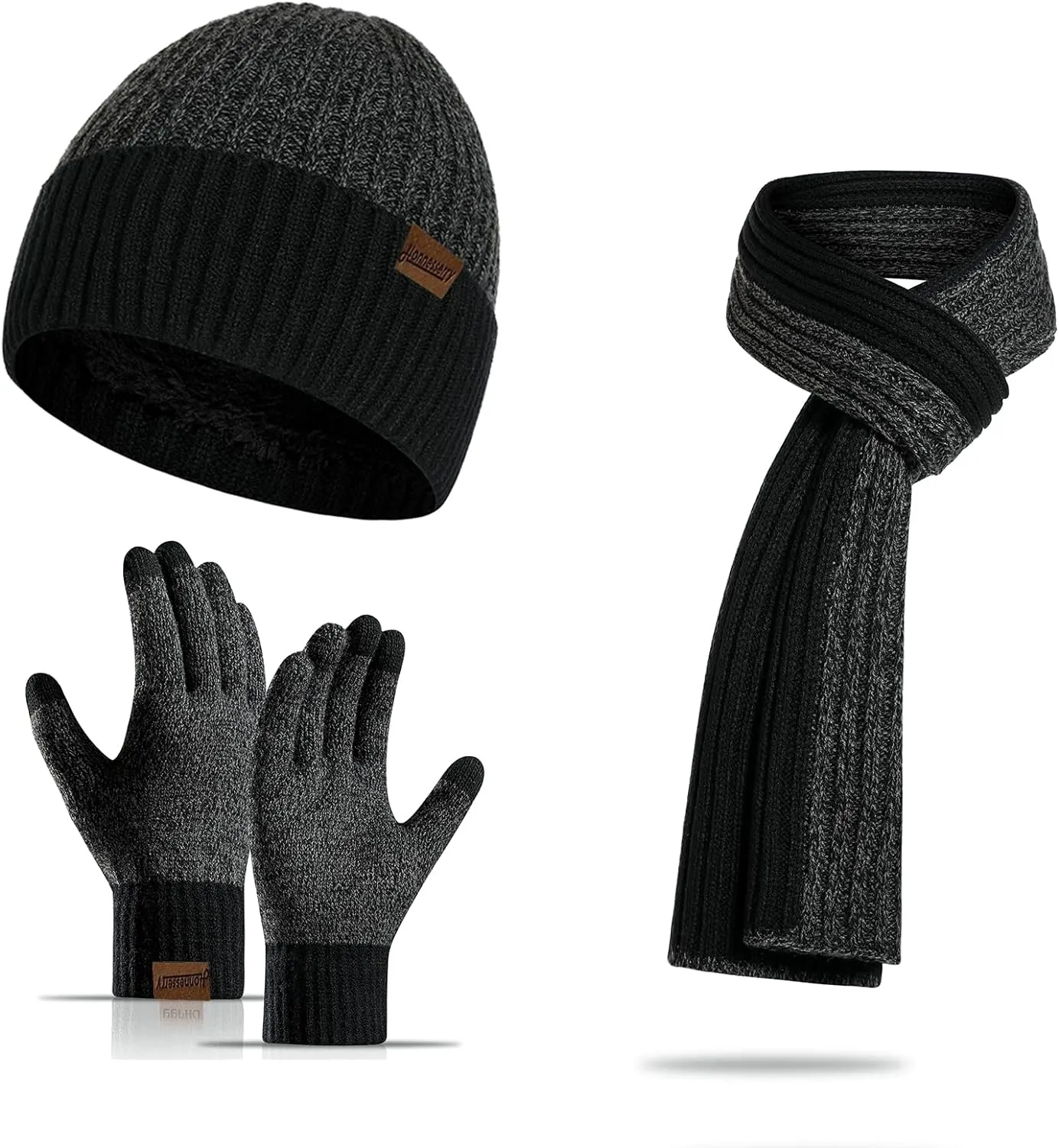 Winter Soft Black/Light Grey Thermal Knit Beanie Hat, Gloves & Scarf Set