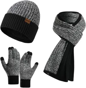 Winter Soft Black/Light Grey Thermal Knit Beanie Hat, Gloves & Scarf Set