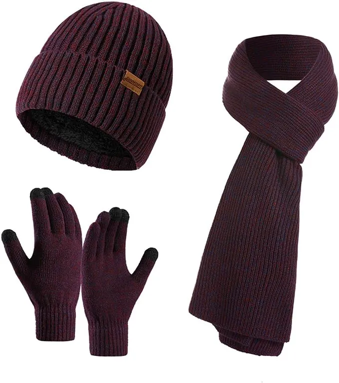 Winter Soft Red/Burgundy Thermal Knit Beanie Hat, Gloves & Scarf Set