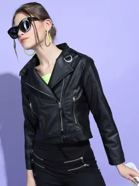 Women Black Leather Crop Biker Jacket | QAWACH