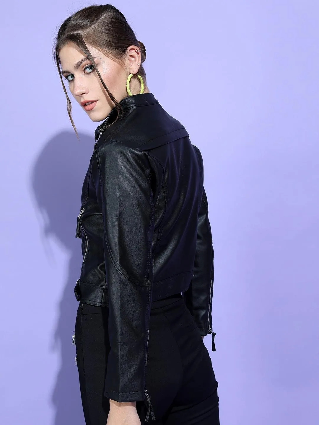 Women Black Leather Crop Biker Jacket | QAWACH