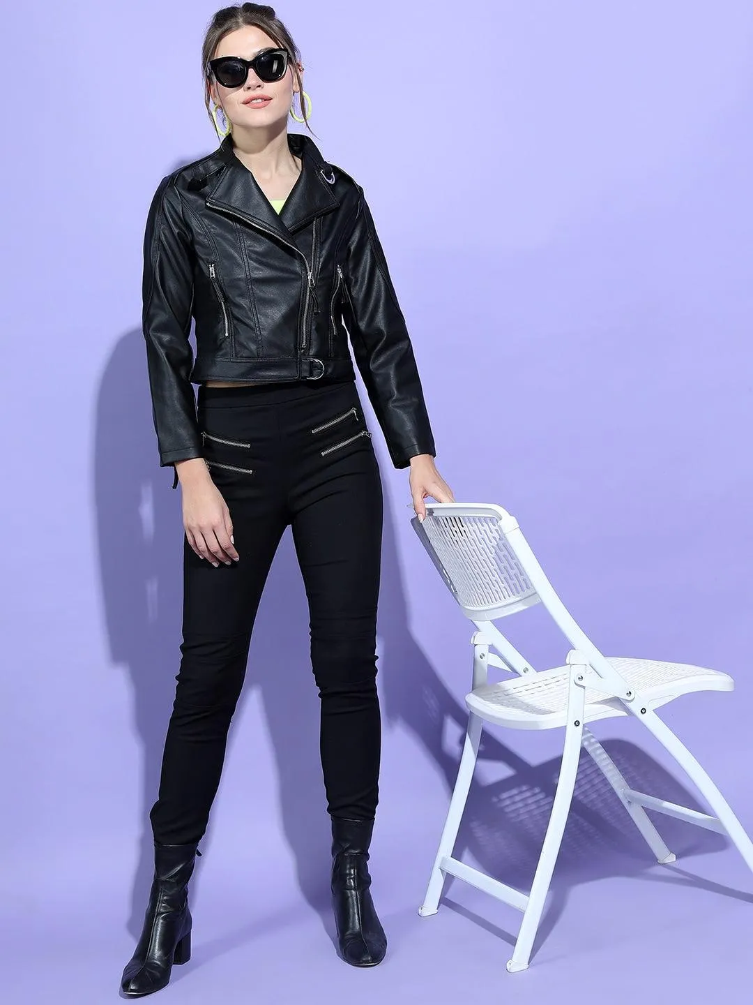 Women Black Leather Crop Biker Jacket | QAWACH