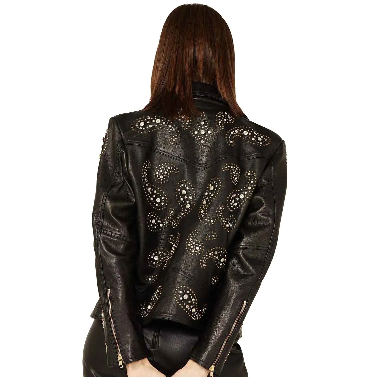 Women Studded Leather Moto Jacket in Black