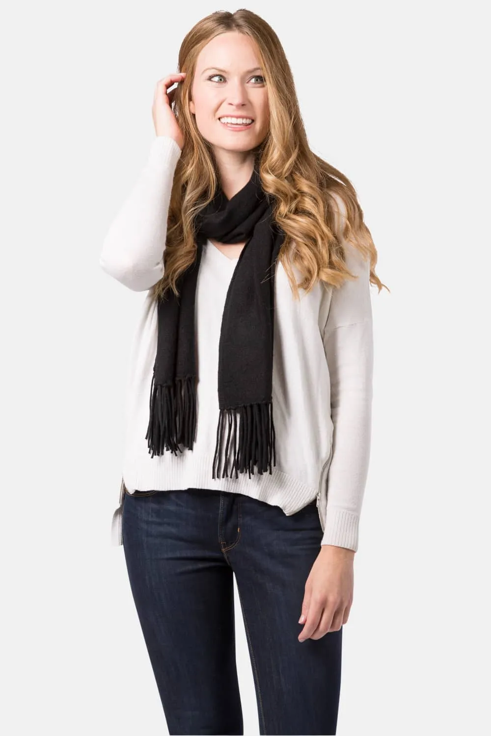 Women's 100% Pure Cashmere Knit Scarf with Fringe and Gift Box