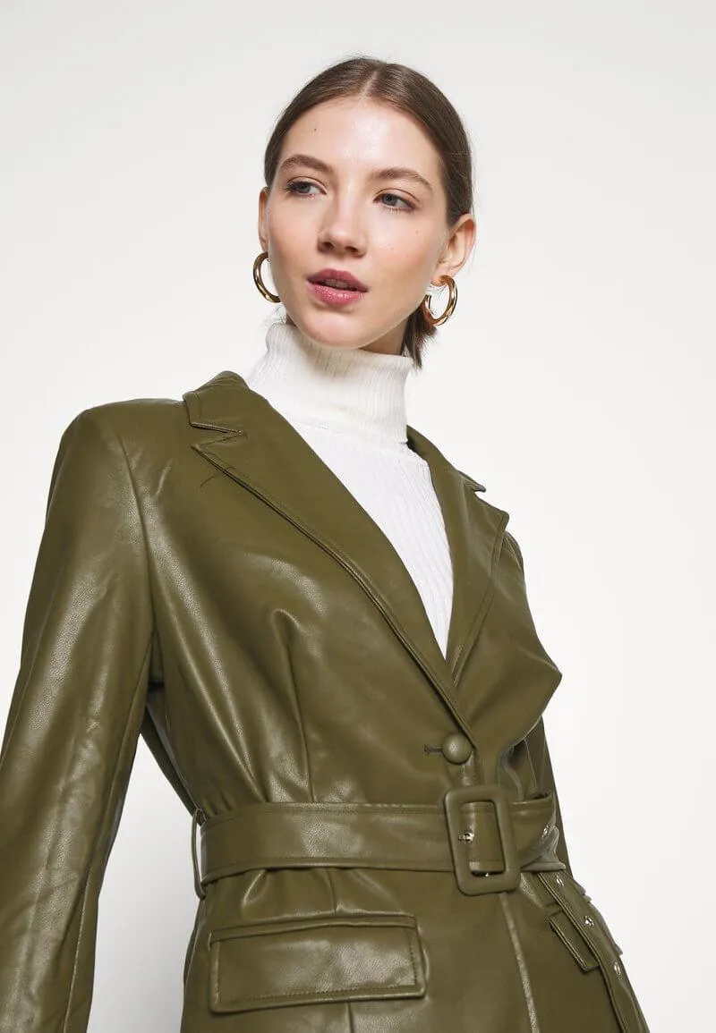 Womens Belted Green Leather Jacket