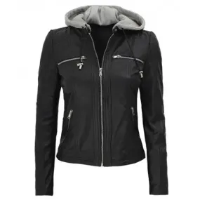 Women's Black Genuine Leather Hoodie Jacket