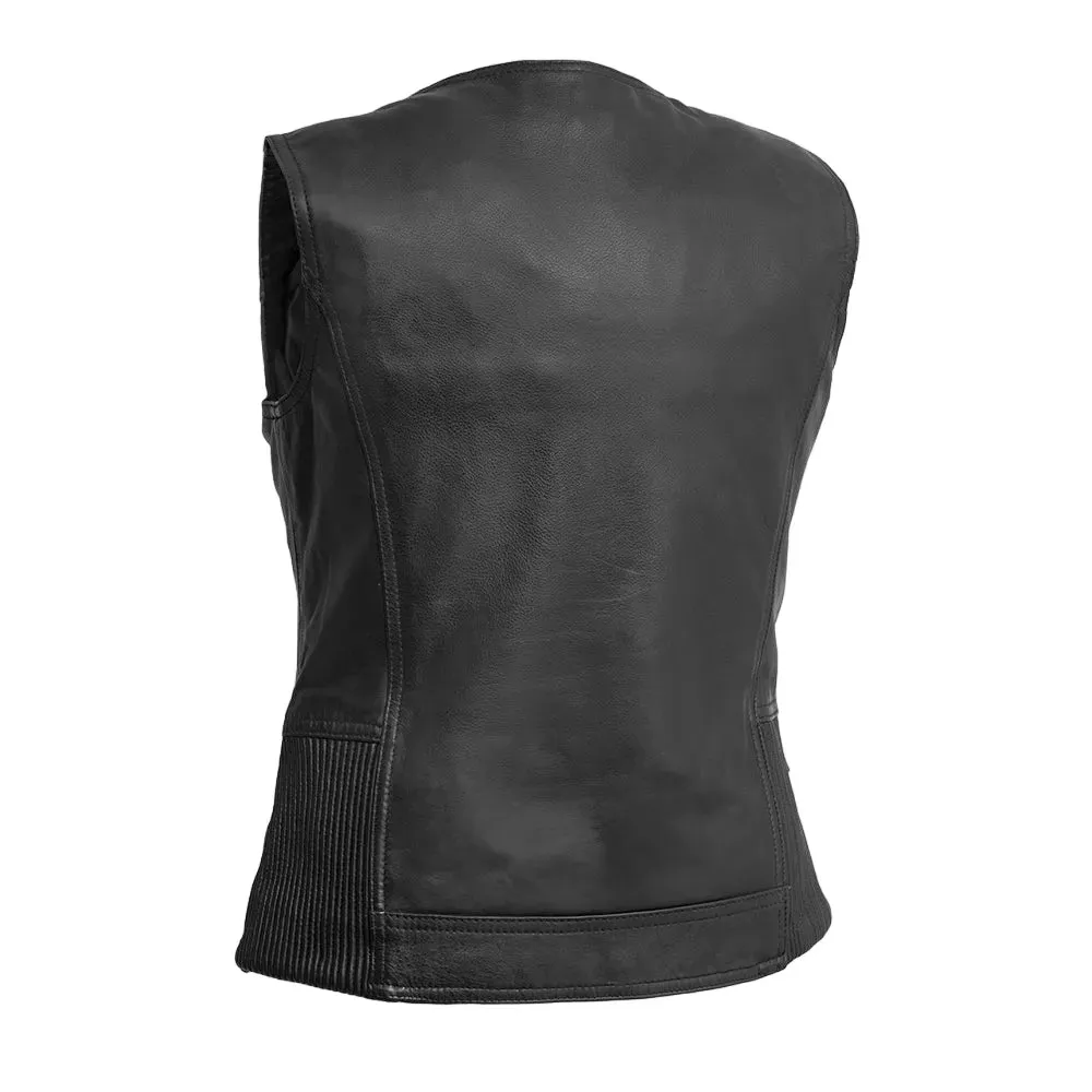 Womens Black Leather Motorcycle Vest with Zipper