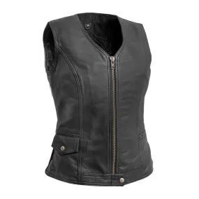 Womens Black Leather Motorcycle Vest with Zipper