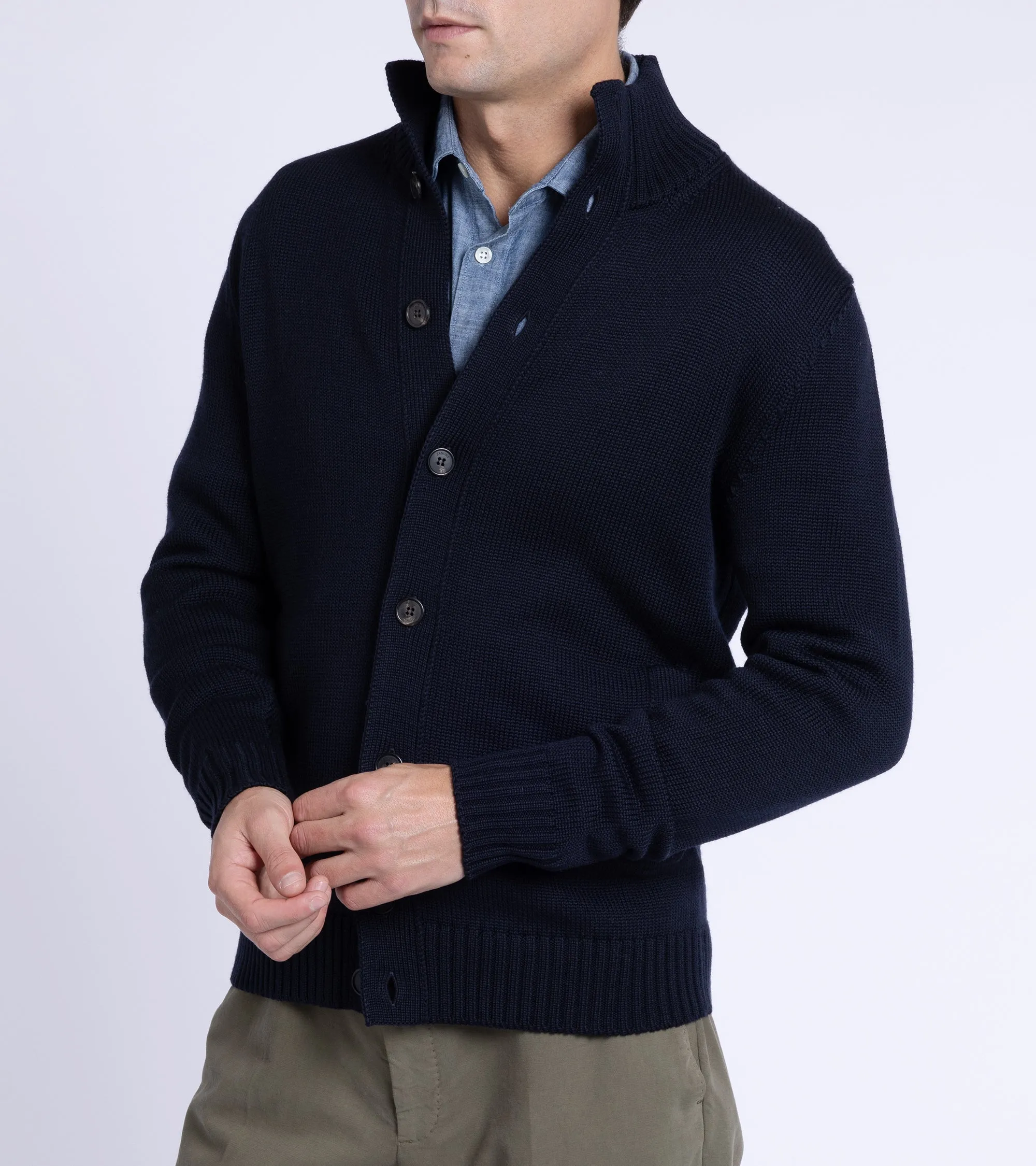 Zanone 5 Gauge Merino Cardigan: Navy